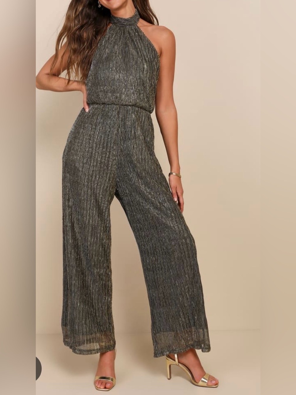 Lulu's Black Metallic gold halter wide-leg jumpsuit